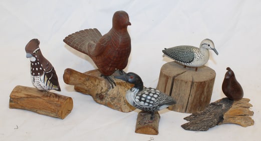Lot of 5 wooden carved painted birds incl 2 signed - 3 1/2", 4", 5", 5 1/2" & 7"