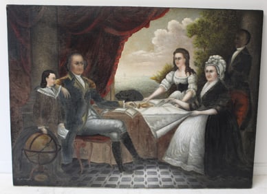 Large Folk Art style o/c of George Washington & his family signed Wm. H Jordan - after the Edward
