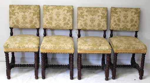 Set of 4 antique dining side chairs w brocade upholstery - 35" tall w 19" seat height