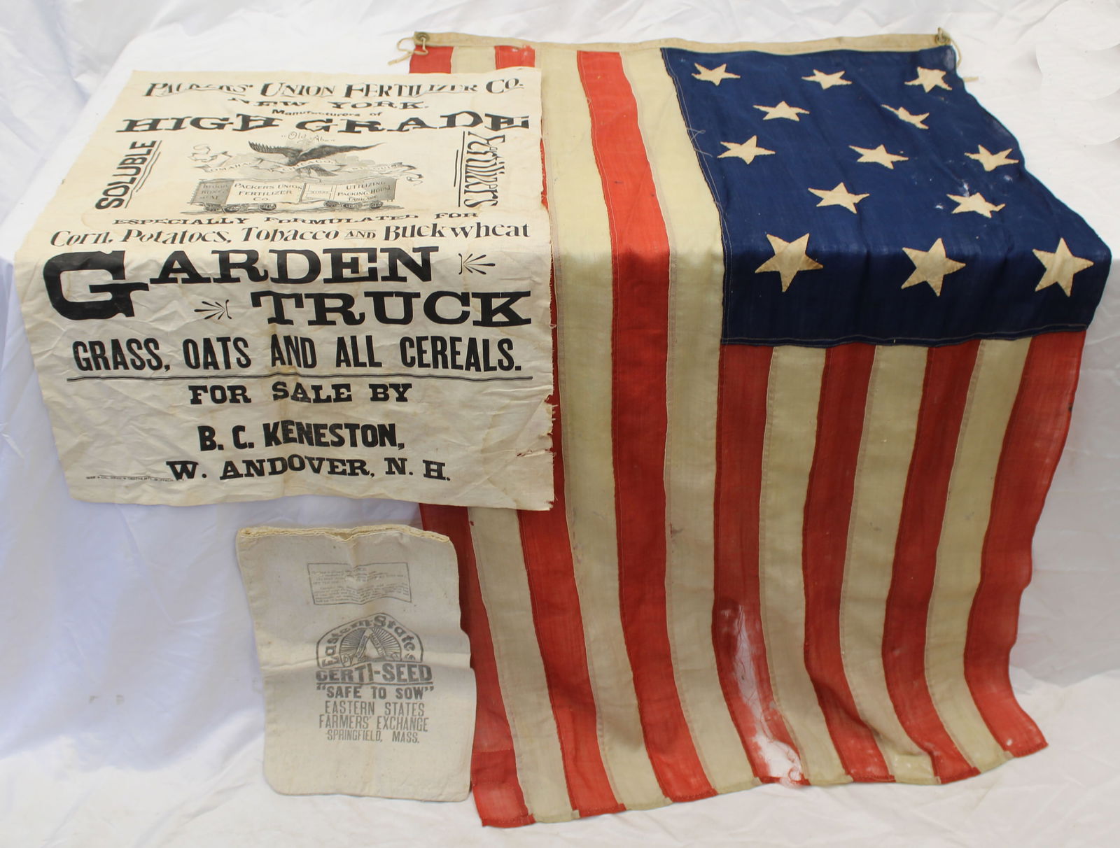 Antique Centennial 13 star American flag (as found) together w a "Packer's Union Fertilizer" graphic (1 of 9)