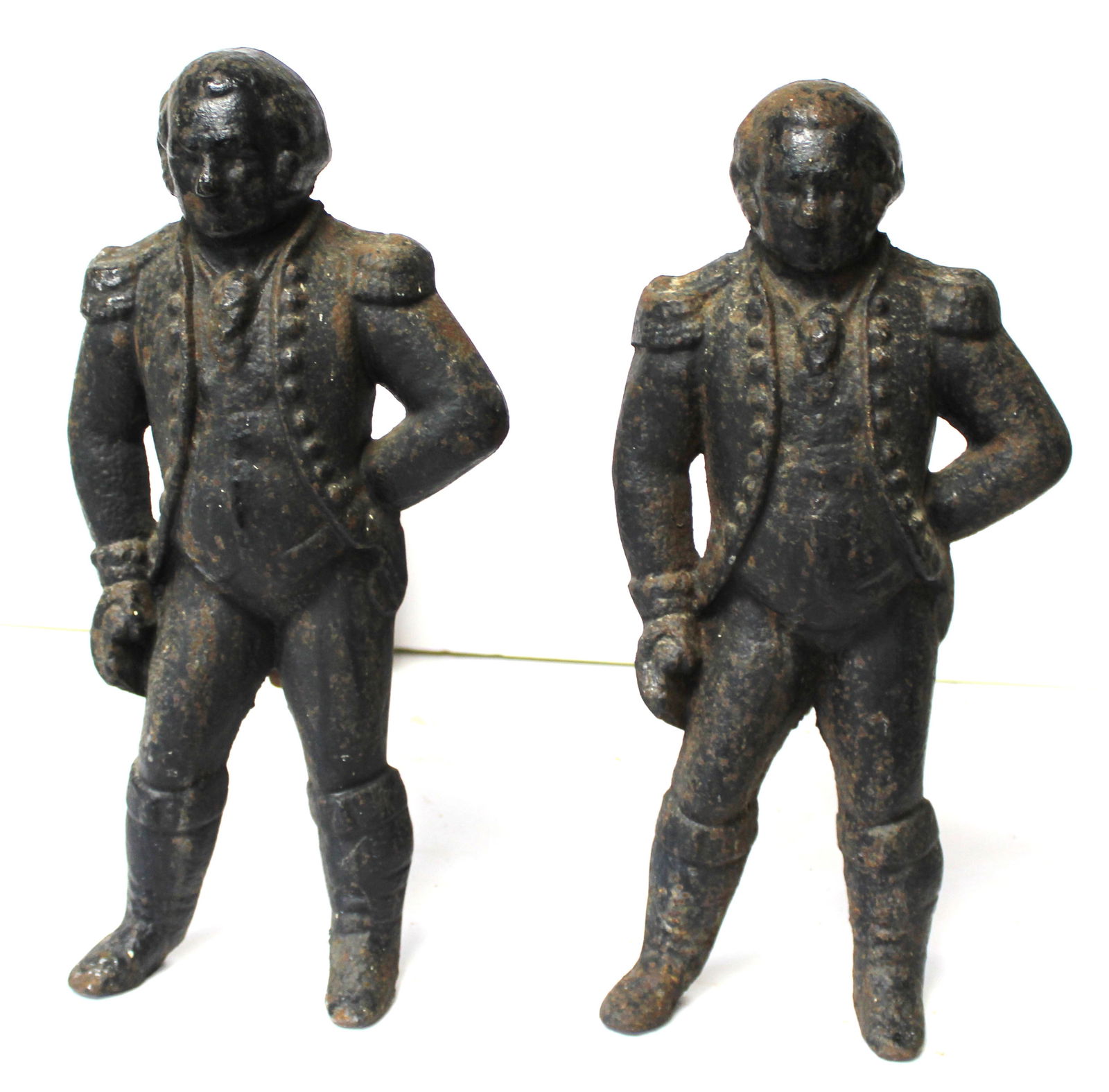Pr an antique cast iron George Washington form andirons - 14 1/2" tall x 16" deep: Pr an antique cast iron George Washington form andirons - 14 1/2" tall x 16" deep