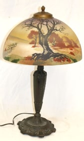 Antique Pittsburgh obverse painted scenic table lamp - 13" diam shade x 22 1/2" tall