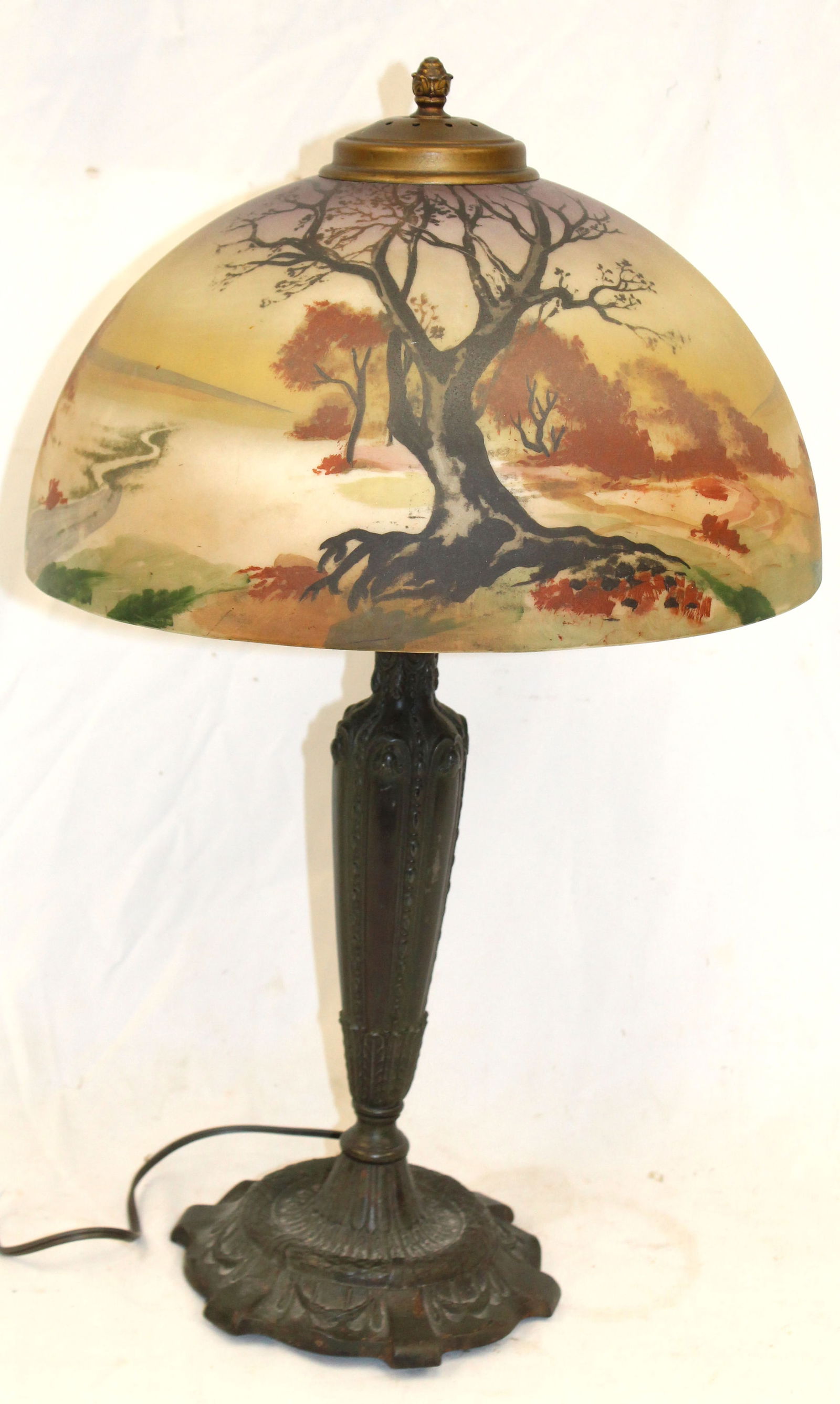 Antique Pittsburgh obverse painted scenic table lamp - 13" diam shade x 22 1/2" tall (1 of 5)