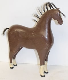 Folk Art wooden carved & painted brown horse w horse hair mane & tail - stamped on underside RRD -