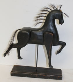 Folk Art wooden carved & painted black horse on stand w horse hair mane & tail - 17" tall with stand