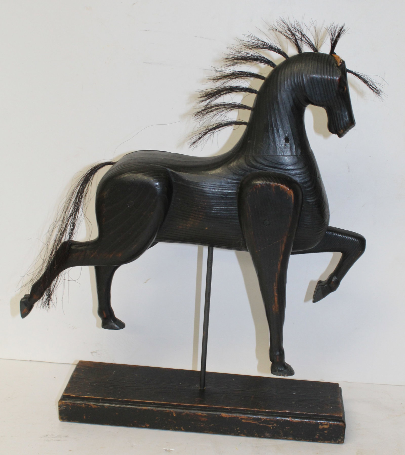 Folk Art wooden carved & painted black horse on stand w horse hair mane & tail - 17" tall with stand: Folk Art wooden carved & painted black horse on stand w horse hair mane & tail - 17" tall with stand x 14 1/2" wide