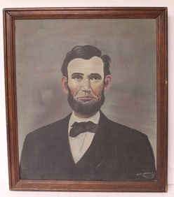 Early 20thC o/c of Abraham Lincoln sgnd & dated Henry D Williams age 15 12-4-1929 - overall framed