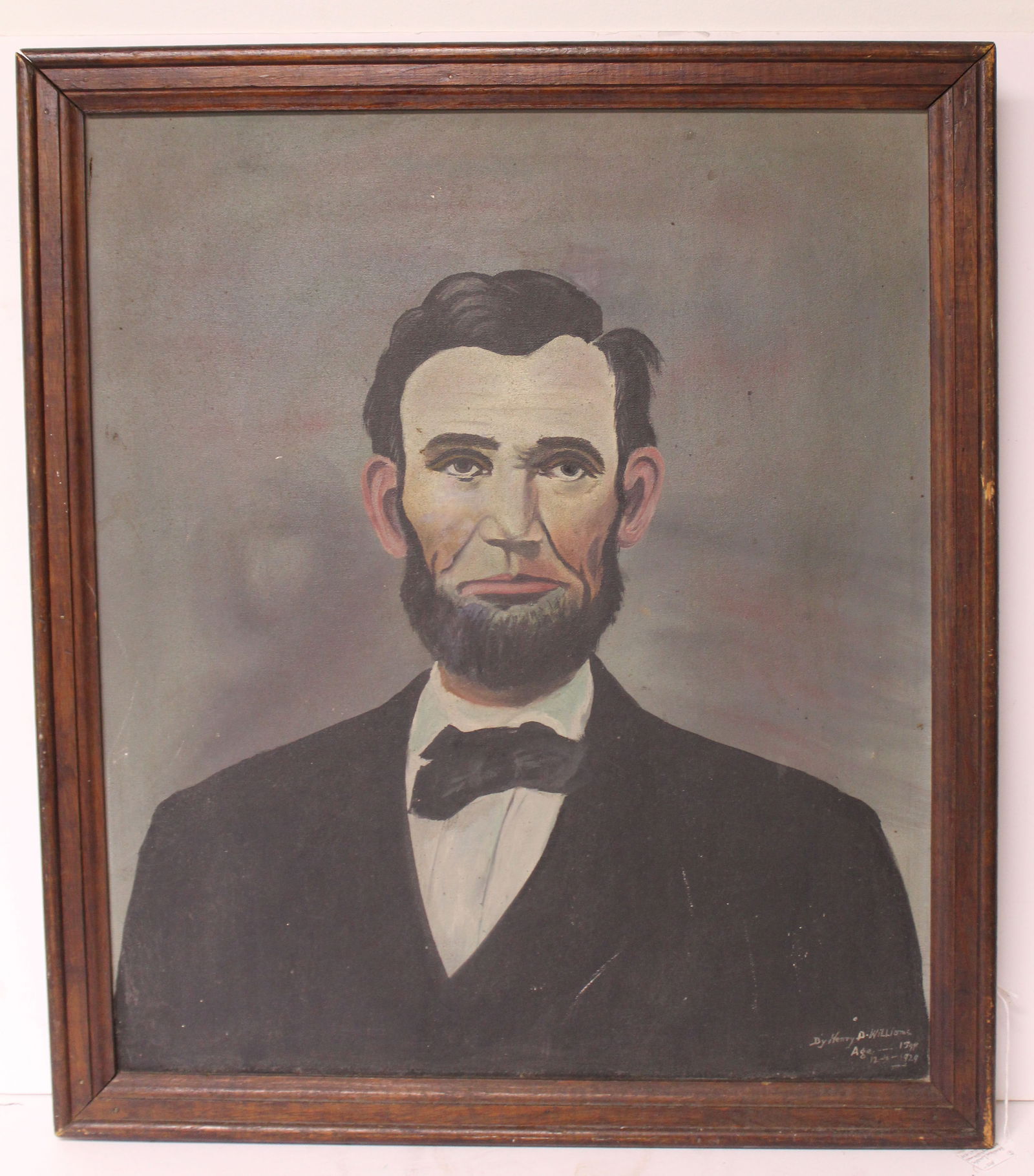 Early 20thC o/c of Abraham Lincoln sgnd & dated Henry D Williams age 15 12-4-1929 - overall framed (1 of 6)