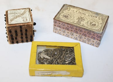 Lot of 2 small paper boxes, 1 w glass lid & orig contents together w a pin cube w pins - 3 1/2"; 2
