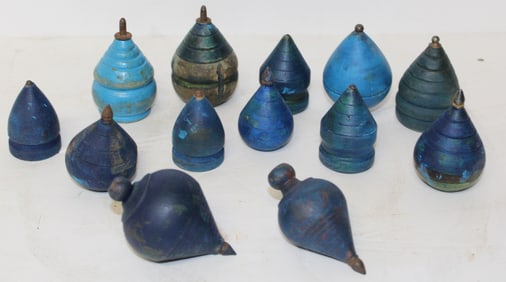Lot of 13 wooden painted blue spinning tops - approx 2"-2 1/2"