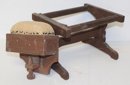 Miniature table top textile tools incl needlepoint frame & table vice pin cushion w drawer - 7"x10