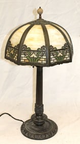 Antique caramel curved slag glass panel lamp - 14" diam shade x 27" tall