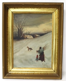 Antique o/c winter scene w mother, child & dog walking towards a house holding kindling - overall