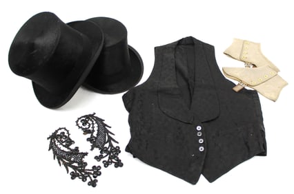 Lot of 2 antique top hats plus a pr of spats, a vest & a ladies beaded collar