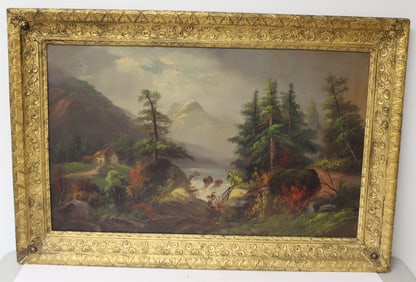 Unsigned antique o/bd scenic riverscape w waterfall, mountains, trees & house - overall framed size