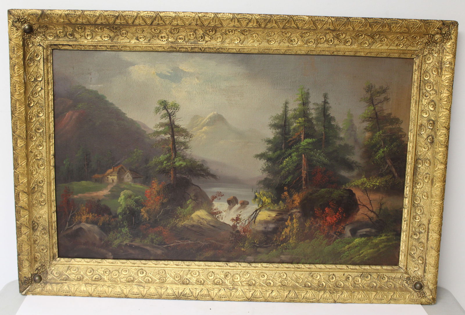 Unsigned antique o/bd scenic riverscape w waterfall, mountains, trees & house - overall framed size (1 of 9)