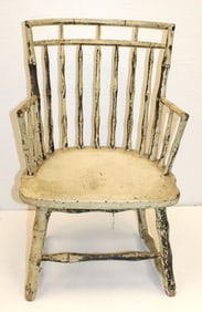 Antique birdcage Windsor armchair in oyster white paint signed I.C. Tuttle on underside - 31" tall