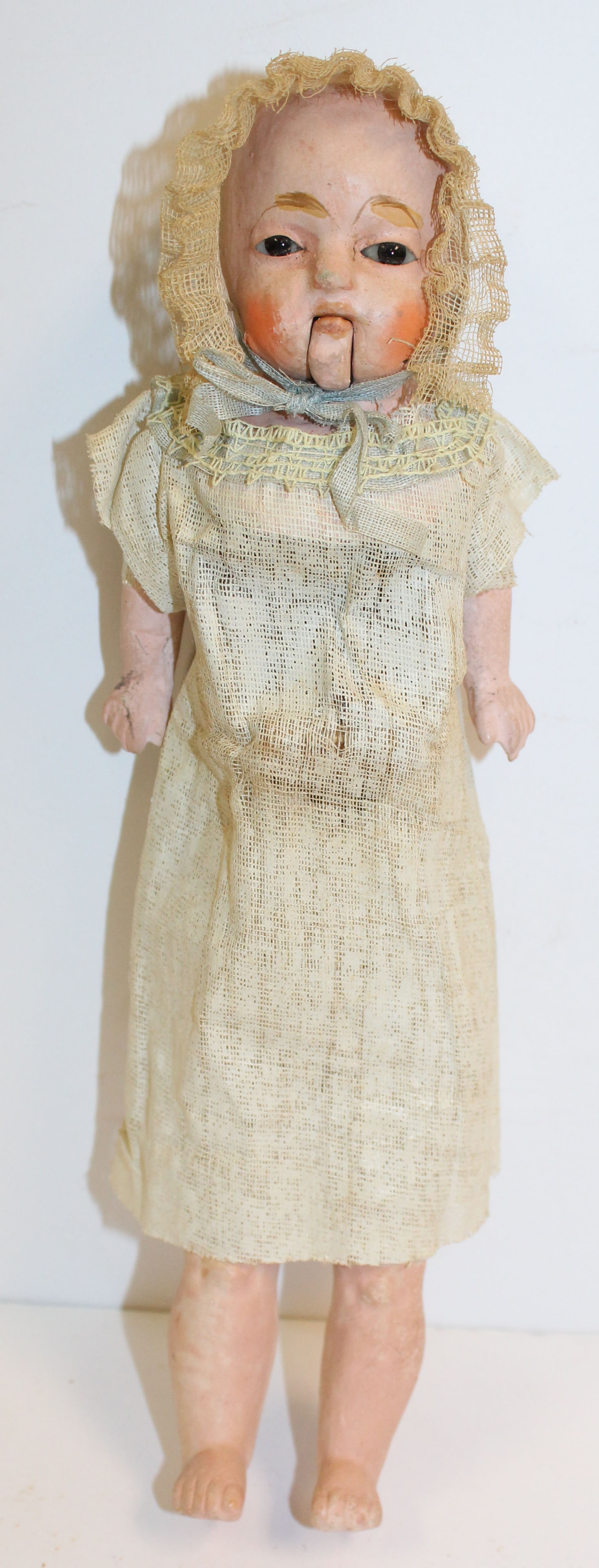 Antique Papier Mache doll w mechanical mouth & squeaker (not working) & glass eyes - 10" tall (1 of 5)