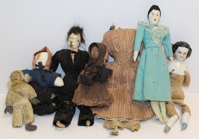 Lot of vintage & antique small dolls incl cloth, etc - as found - 4"-8" tall