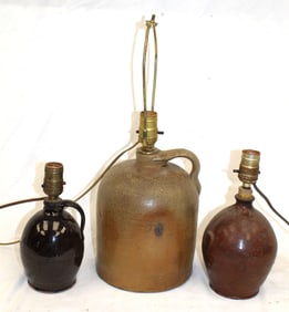 Lot of 3 table lamps made from stoneware & redware jugs - 9",10" & 12"