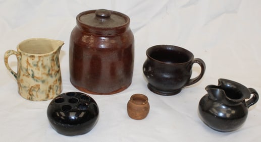 Lot of 5 miniature antique redware items incl covered jar, creamer, mug, mini jar & flower frog plus