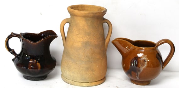 Lot of 3 pcs antique redware incl 2 pitchers & a 2 handled vase/jar