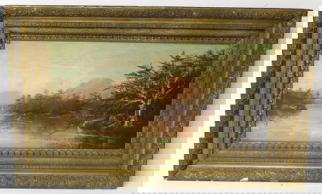 Antique o/c riverscape w mountains & trees initialed CHB - overall framed size 19 1/4"x31"