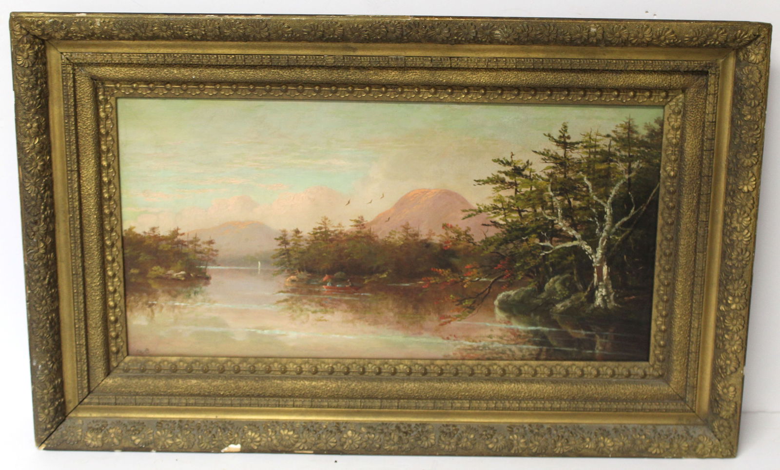 Antique o/c riverscape w mountains & trees initialed CHB - overall framed size 19 1/4"x31" (1 of 8)