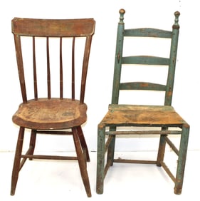 Lot of 2 antique painted chairs incl ladderback in green & Windsor w paint dec - 36" tall w 17" seat