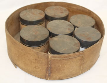 Antique box of Shaker spice cannisters from Sabbath Day Lake Shaker Community - 10" diam pantry box