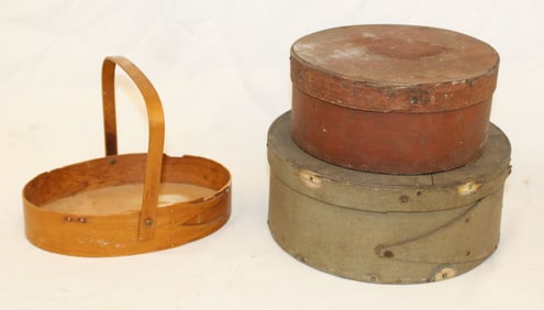 Lot of 3 antique items incl 2 pantry boxes in red & green paint plus a finger lapped handled carrier