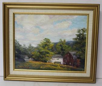 Signed Edward J White o/c country landscape titled "Hillstead Farm" - overall framed size 14 3/4"x15