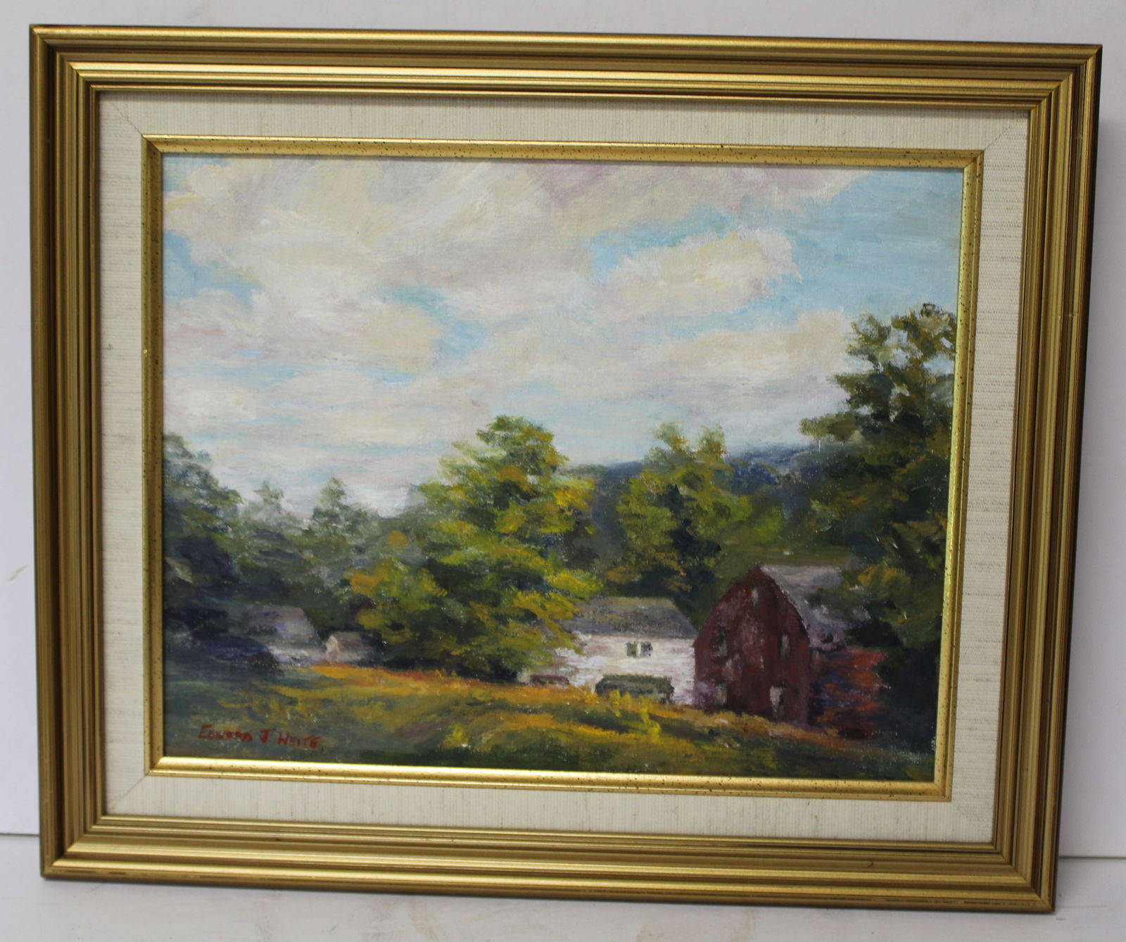 Signed Edward J White o/c country landscape titled "Hillstead Farm" - overall framed size 14 3/4"x15 (1 of 10)