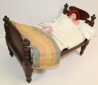 Antique 8" doll in wooden 4 poster bed w bedding - 10"x15"x9 1/2" bed