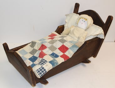 Contemporary antique style cloth doll in wooden cradle w quilt - doll is 12"; cradle is 14"x23"x11
