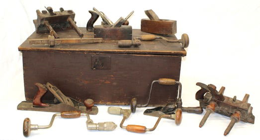 Antique paint dec tool box filled with woodworking tools - 11" tall x 29 1/2" wide X 17" deep