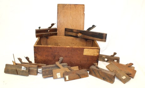 Antique red painted box filled with woodworking tools - 10 1/2" tall x 24" wide x 12" deep