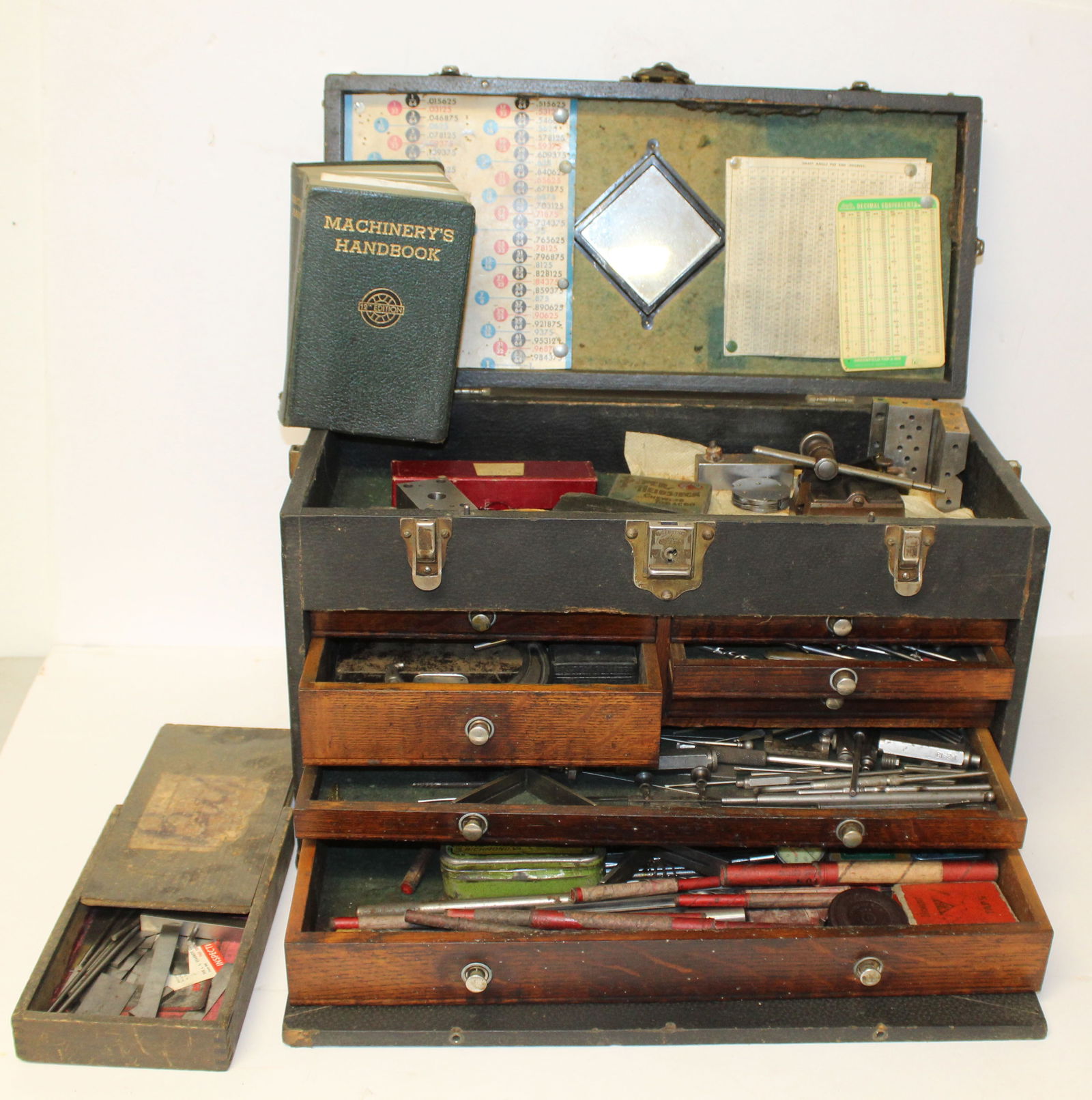Vintage fall front tool case w drawer interior - filled with small machinists tools - 13"x20"x9" (1 of 9)