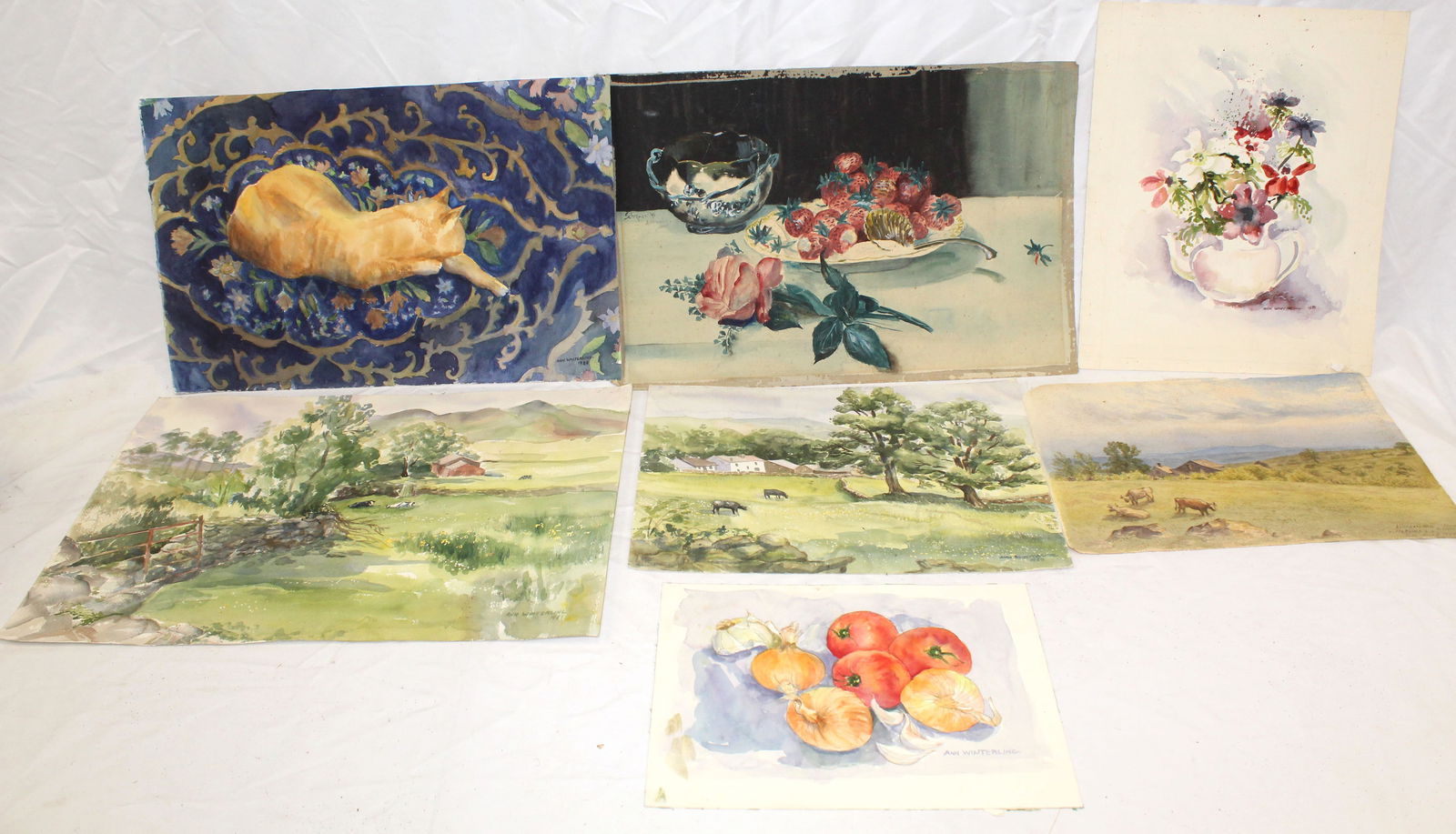 Lot of 7 unframed signed watercolors - most by Ann Winterling & a landscape by FH Nunes Goffstown, (1 of 14)