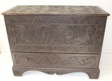 Early 20thC highly carved 1 drawer blanket chest - 33 1/2" tall x 44" wide x 18" deep