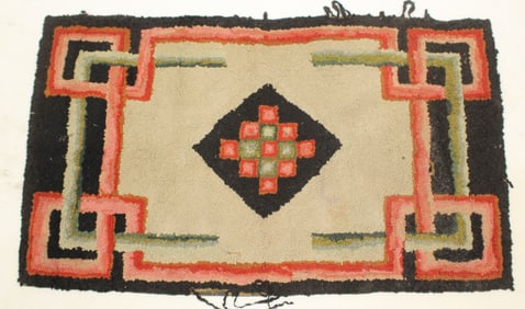 Antique geometric patter hooked rug - 23"x39"