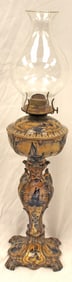 Porcelain whale oil lamp with ship & windmill motif - 17" tall