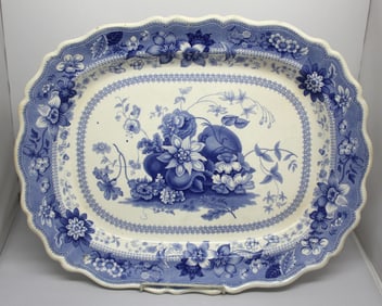 Staffordshire blue & white transferware large platter w floral & fruit center - 16 1/2"x21"