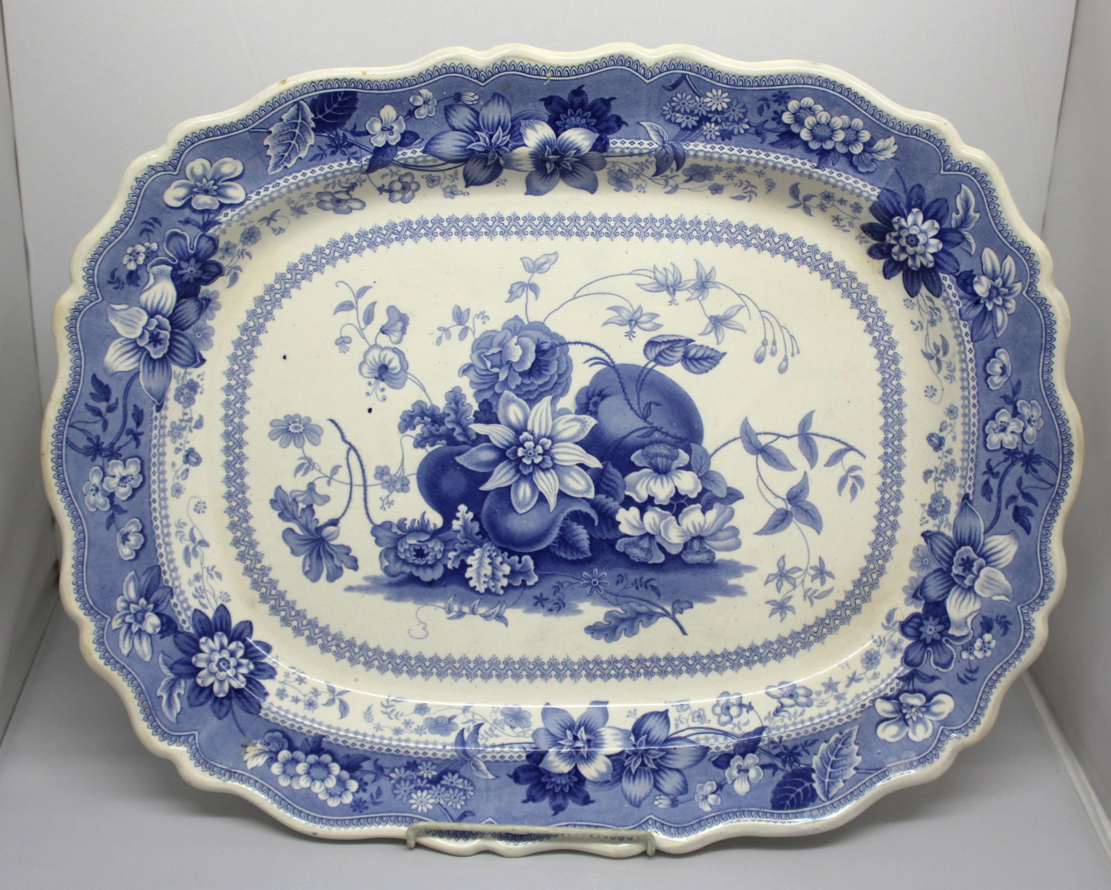 Staffordshire blue & white transferware large platter w floral & fruit center - 16 1/2"x21" (1 of 7)