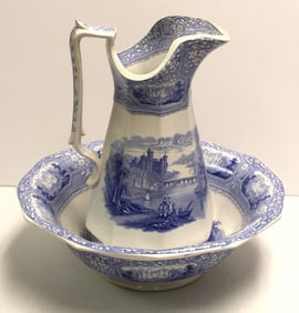 Antique English Transferware Bowl & Pitcher set; T.J & J. Mayer "Florentine" pattern