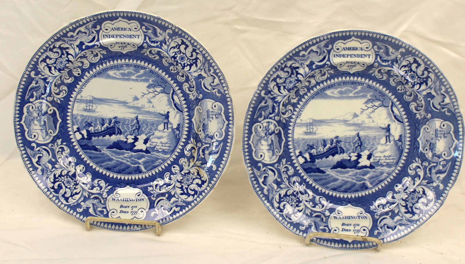 Lot of 2 Enoch Wood & Sons Burslem historical blue Staffordshire blue & white plates "America: Lot of 2 Enoch Wood & Sons Burslem historical blue Staffordshire blue & white plates "America Independent July 4, 1776 - Washington"