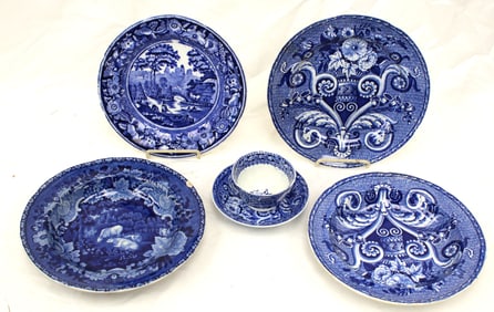 Lot of 4 Staffordshire blue & white plates plus a cup & saucer -
