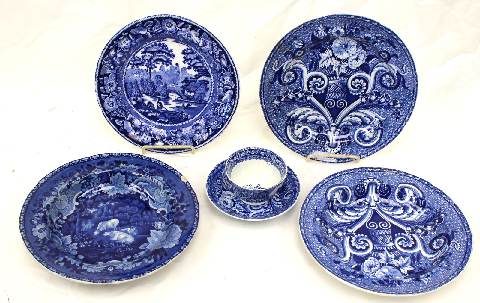 Lot of 4 Staffordshire blue & white plates plus a cup & saucer - (1 of 13)