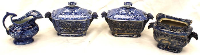 Lot of 4 Staffordshire dark blue vessels - creamer & 3 sugars