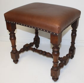 Wm & Mary style antique stool w leather upholstered seat - 22" tall x 17"x20"